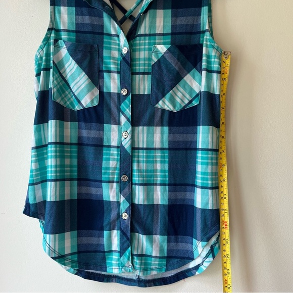 Ardene Plaid Sleeveless Button-Up Tank Top Small Crisscross Back Blue Green Soft - Picture 9 of 11